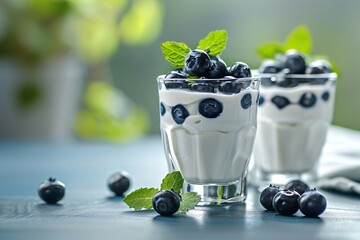 Poster - Two glasses filled with creamy yogurt and topped with fresh blueberries and mint leaves