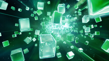 Poster - An abstract scene featuring numerous green cubes falling through space, ideal for premium technology backgrounds.

