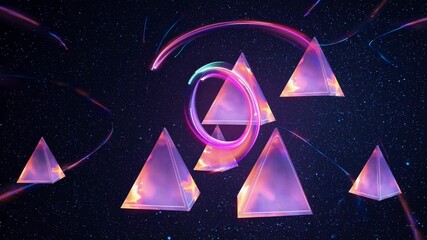 Poster - translucent pyramids emitting pink and orange glows in a cosmic setting.