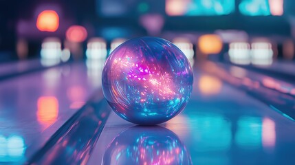 Poster - A transparent glass-like bowling ball with a futuristic look, reflecting colorful lights.