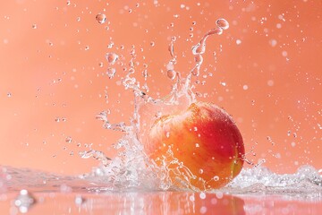 Fototapete - Juicy peach being splashed with water on a bright orange backdrop