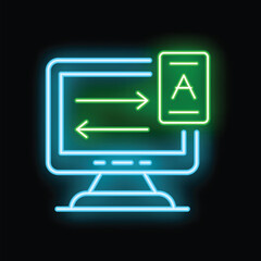 Poster - Neon icon of a computer transferring a text file, represented by arrows pointing to a document with the letter a