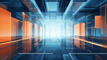Poster - A blue and orange abstract background with reflections, featuring a high-tech style, ideal for presentations.

