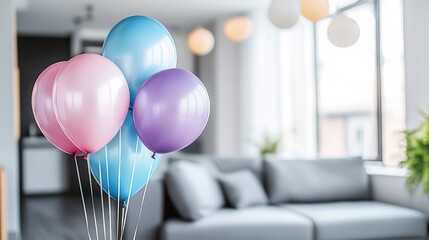 Poster - Balloons floating inside a modern interior with soft lighting, contemporary and sophisticated aesthetic.