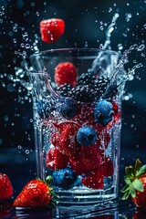Fototapete - Fresh berries splashing in a glass of water creating a refreshing summer beverage
