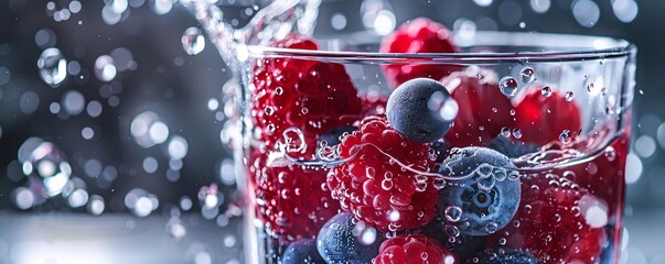 Poster - Raspberries and blueberries make a big impact as they drop into a glass of sparkling water