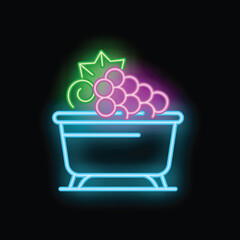 Wall Mural - Glowing neon sign representing grapes inside a bucket on a black background, perfect for highlighting wine production