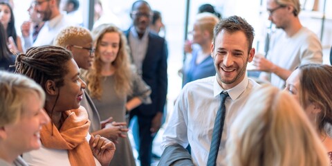 Aufkleber - Diverse group of business people networking at a social event. Smiling people engaged in conversation. Professional setting with social event. Diverse startup business people at networking event.