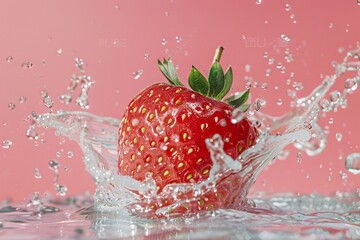 Fototapete - Fresh red strawberry with green leaves falls into water against a pink backdrop