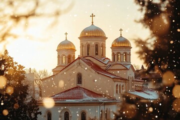 Wall Mural - A beautiful Greek Orthodox church in the center of the frame, with golden domes and a red roof. The scene is set in winter, with snow falling during the golden hour.