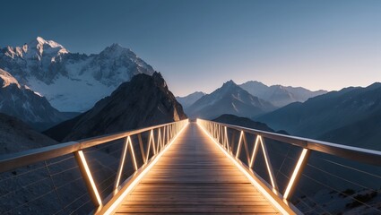 Wall Mural - majestic mountain landscape with illuminated bridge at dusk