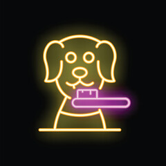 Poster - Neon glowing sign of a dog brushing its teeth with toothpaste and a toothbrush on a black background