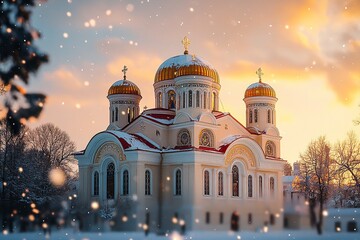 Wall Mural - A beautiful Greek Orthodox church in the center of the frame, with golden domes and a red roof. The scene is set in winter, with snow falling during the golden hour.