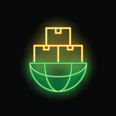 Poster - Bright neon icon of packages sitting on top of a globe representing worldwide shipping and logistics