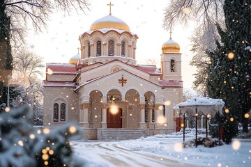 Wall Mural - A beautiful Greek Orthodox church in the center of the frame, with golden domes and a red roof. The scene is set in winter, with snow falling during the golden hour.