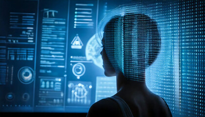 Poster - Stunning silhouette of a woman overlaid with digital data streams, showcasing futuristic technology and data analysis.  Perfect for tech, AI, or cybersecurity concepts.