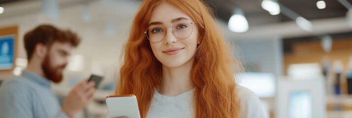 Wall Mural - A woman with red hair and glasses is holding a cell phone. She is smiling and she is happy