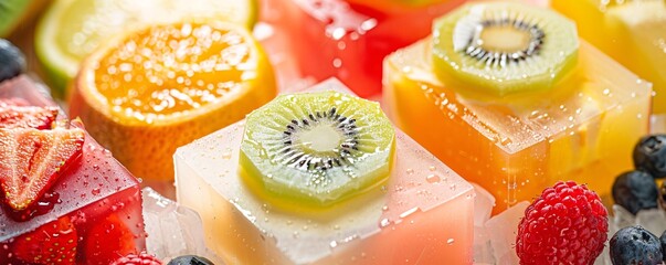 Poster - Close-up of colorful and refreshing summer fruit jelly cakes being prepared by a pastry chef