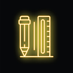 Wall Mural - Yellow neon icon of a pencil and ruler is glowing on a black brick wall