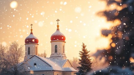 Wall Mural - A beautiful Orthodox church with two domes and one red roof, snowflakes falling in the background, golden hour lighting, a Christmas tree visible on the right side of the frame,