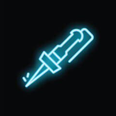 Aufkleber - neon icon of a soldering iron tool glowing blue on black background