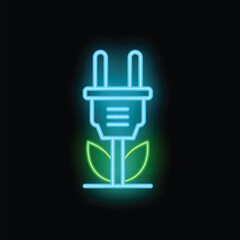 Canvas Print - Glowing neon icon featuring an electric plug with green leaves sprouting, symbolizing green energy and sustainability