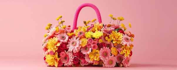 Wall Mural - Pink handbag overflowing with a colorful variety of flowers on a pink background