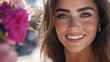 © InspirationDesign - Close-up of smiling woman with perfect teeth against floral background. Ideal for dental care, cosmetic services, and natural beauty campaigns.