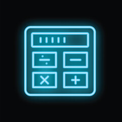 Poster - Neon icon of calculator with buttons showing basic math symbols, glowing blue on dark background
