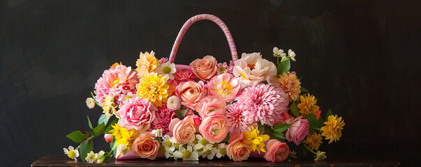 Aufkleber - Pink handbag overflowing with colorful fresh flowers sitting on a dark background