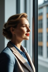 woman in a blue jacket looking out a window with a red lip