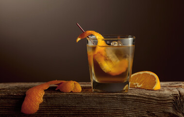 Wall Mural - Old Fashioned cocktail with a ice, garnished with an orange peel on a old wooden board.