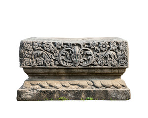 Wall Mural - Ancient stone monument with intricate carvings, showcasing detailed floral designs and historical significance, set against natural backdrop