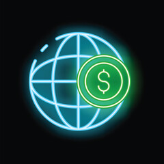 Poster - Neon glowing icon of a dollar coin partially overlaying a globe, representing global finance and international business