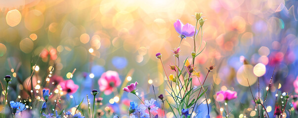 Aufkleber - Vibrant wildflowers burst into bloom in a meadow at sunset's golden hour