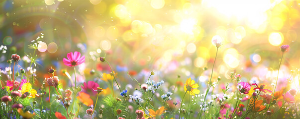 Wall Mural - Beautiful meadow with colorful wildflowers is bathed in the warm sunlight of a spring day