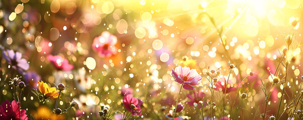 Aufkleber - Stunning cosmos flowers bloom in a summer meadow, bathed in golden light and bokeh