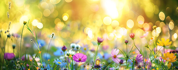 Aufkleber - Vibrant wildflowers bloom in a sunny meadow, creating a cheerful springtime vista