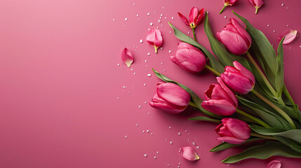 Poster - Pink tulip bouquet resting on a pink backdrop with white confetti, perfect for celebrating valentine's day or mother's day