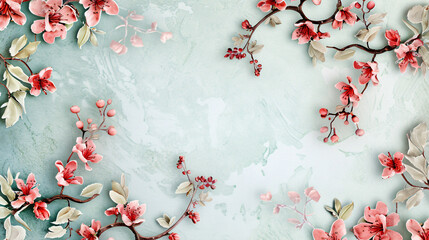 Fototapete - Pink flowered branches framing a textured background with space for text