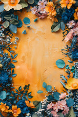 Poster - Orange textured background is adorned with a vibrant and cheerful floral frame border made of blue and yellow flowers, offering plenty of space for text