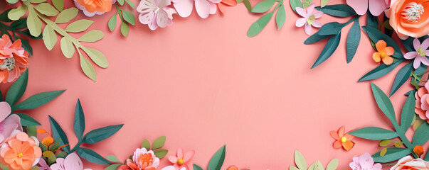 Poster - Spring frame made of handmade paper flowers and leaves against a pink background