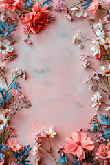 Poster - Beautiful floral frame is surrounding a pink surface with copy space