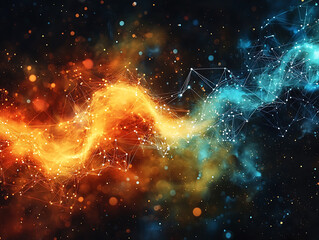 Poster - abstract fiery and icy nebulae intertwine, forming a dynamic network of glowing nodes and lines. per