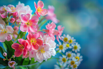 Poster - Pink and white flower bouquet in a vase against a blue backdrop