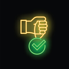 Poster - glowing neon line icon of a hand holding a check mark, concept of validation or approval
