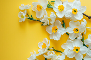 Aufkleber - Beautiful white daffodils with yellow centers are lying on a yellow background forming a right border