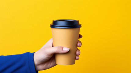 Poster - A girl's hand holds a dark blue takeaway coffee cup on a yellow background with text space.

