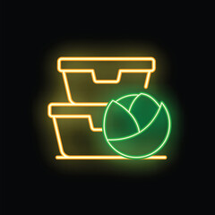 Poster - Neon sign depicting food containers and a cabbage, representing healthy food delivery services