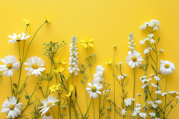 Aufkleber - Mix of white and yellow wildflowers rest on a vibrant yellow backdrop
